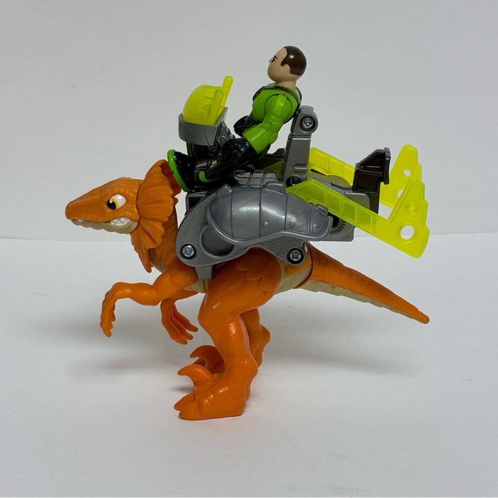 Imaginext Dinosaurs Orange Raptor Gear Battle Dino Rider Saddle Dilophosaurus